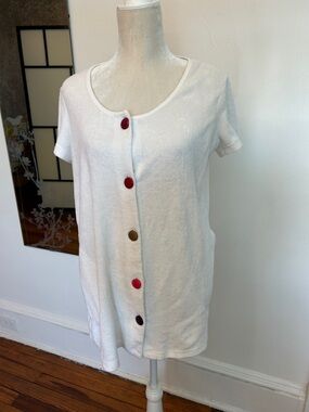 Vintage Blair White Short-Sleeve Button Front Robe Top with Colorful Buttons